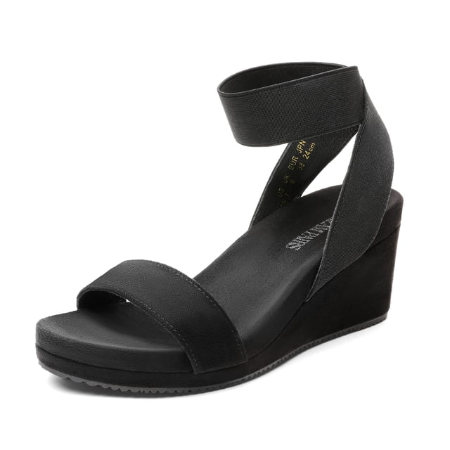 Sandalia DREAM PAIRS NINI-5 Negra, Tacón Cuña de 7.5 cm