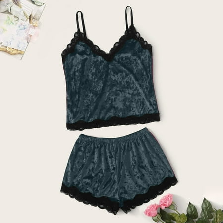 

Rewenti Suede Lingerie Underwear Sleepwear Nightdress Pajamas Shorts Lace M-XXL Green XXL(XXL)