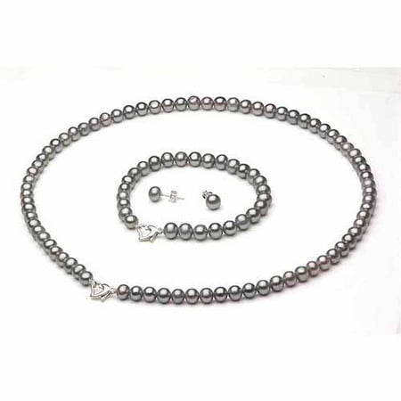 5-6mm Grey Freshwater Pearl Heart-Shape Sterling Silver Necklace (18), Bracelet (7) Set with Bonus Pearl Stud Earrings