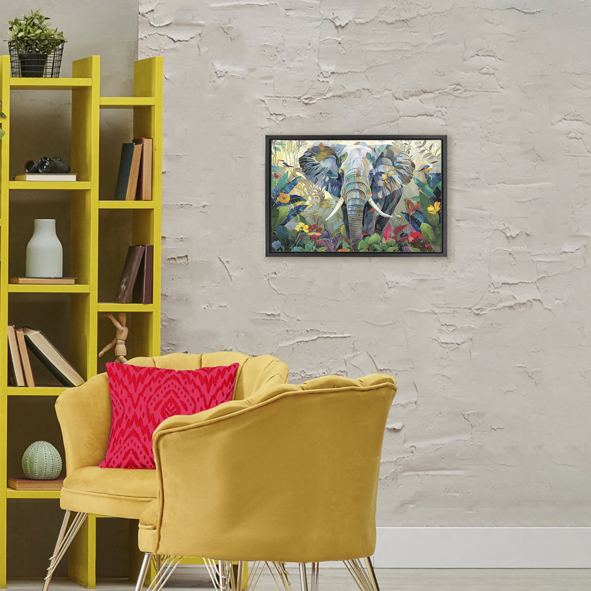 Stupell Industries Elephant's Realm in Tropical Bloom Black Framed Floater Canvas Wall Art, design by Lazar Studio