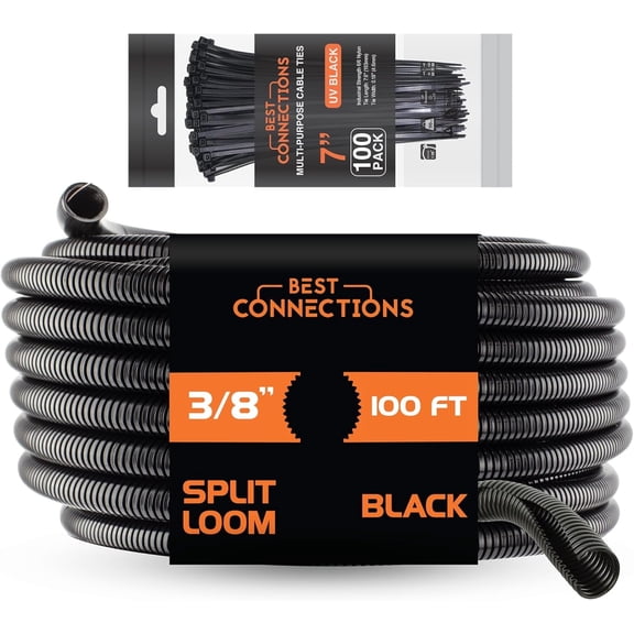BEST CONNECTIONS 100 feet Split Wire Loom Flex-Guard Convoluted Tubing with 100 Nylon Cable Zip Ties Black