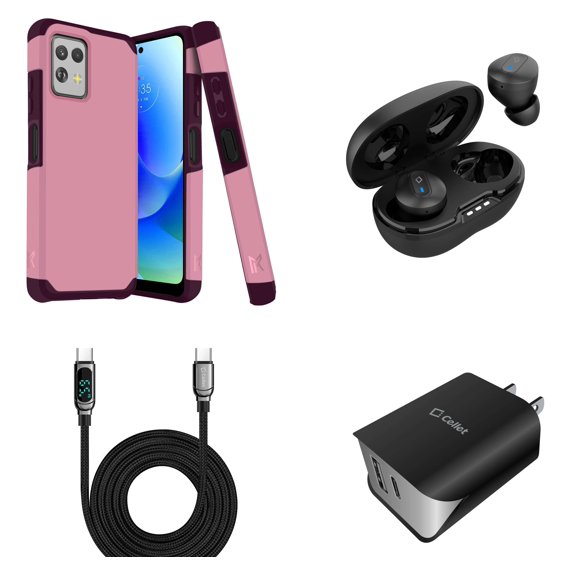 BD Combo Bundle Case for Moto G Power 5G 2023 Case - (Pink Wine) Dual Shockproof Protector Armor Case with Wireless Earbuds, UL Certified Dual Wall Charger, Digital Display USB-C to USB-C Cable