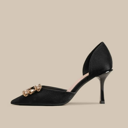 Women sBlack  pointed shoes  high heels    stilettos  leather  square buckle  rhinestones  light mouth shoes  single shoes