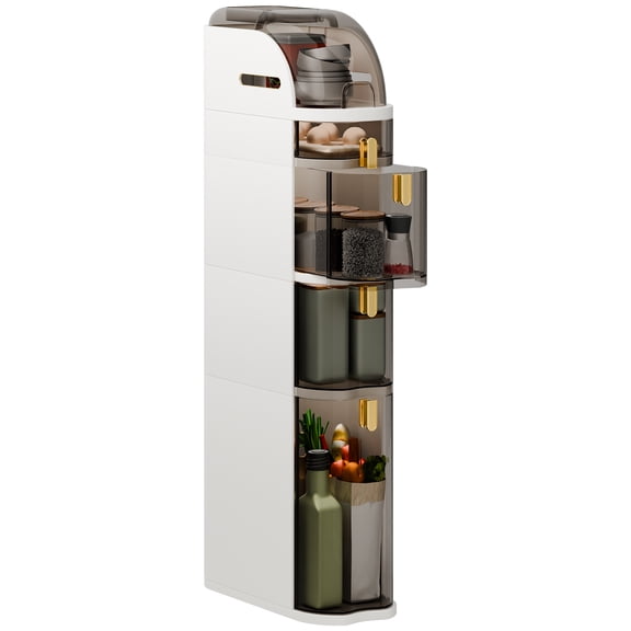 Fogcroll Bathroom Storage Cabinet 4-Tiers Narrow Slim Floor Organizer Transparent Small Bathroom Storage Cabinet with Drawers and Tissue Box