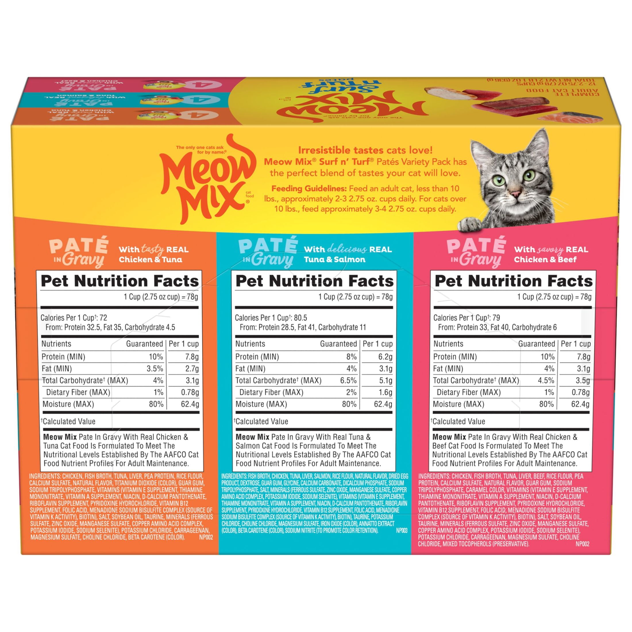 (4 pack) Meow Mix Pate in Gravy Surf n’ Turf Pates Variety pack, Wet Cat Food, 2.75 oz Cup, 12 pack