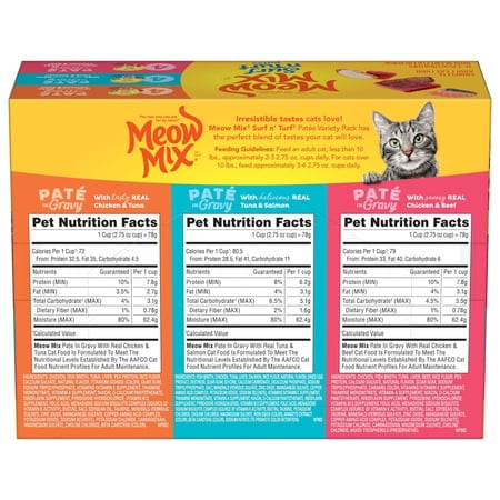 MEOW MIX PATE IN GRAVY SURF N’ TURF PATES VARIETY PACK, WET CAT FOOD, 2.75 OZ CUP, 12 PACK