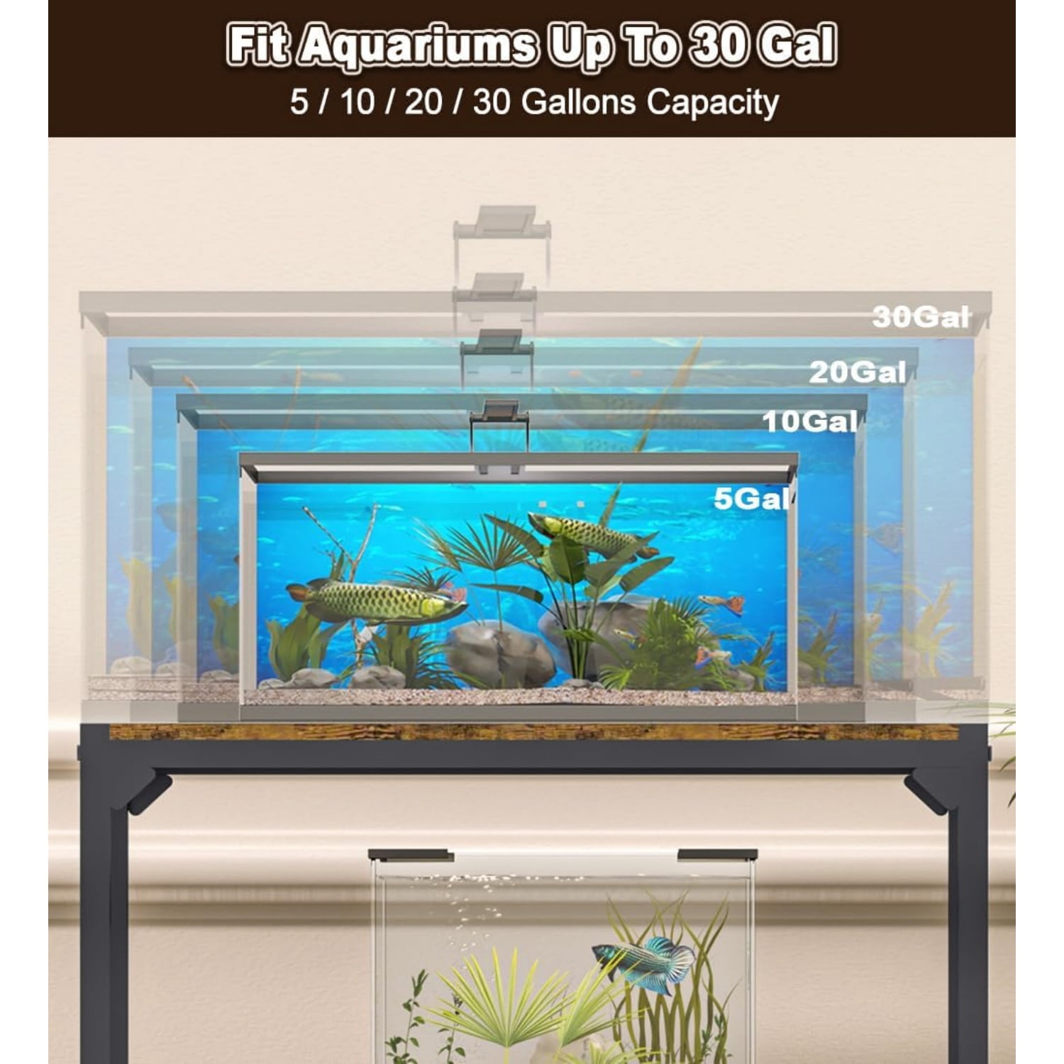20-30 Gallon Aquarium Stand, Fish Tank Stand with Adjustable 3-Tier Storage Shelf, Heavy Duty Reptile Breeder Turtle Tank Terrarium Rack Table for Home Office, 30" L x 12" W x 32.2" H, Black