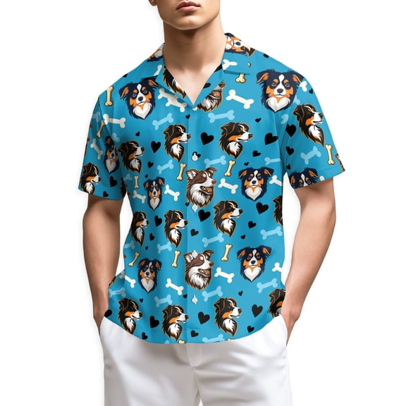 Australian Shepherd Hawaiian Shirt for Men, Vintage Style, Button Down Summer Beach Short Sleeve, Sizes S-5XL