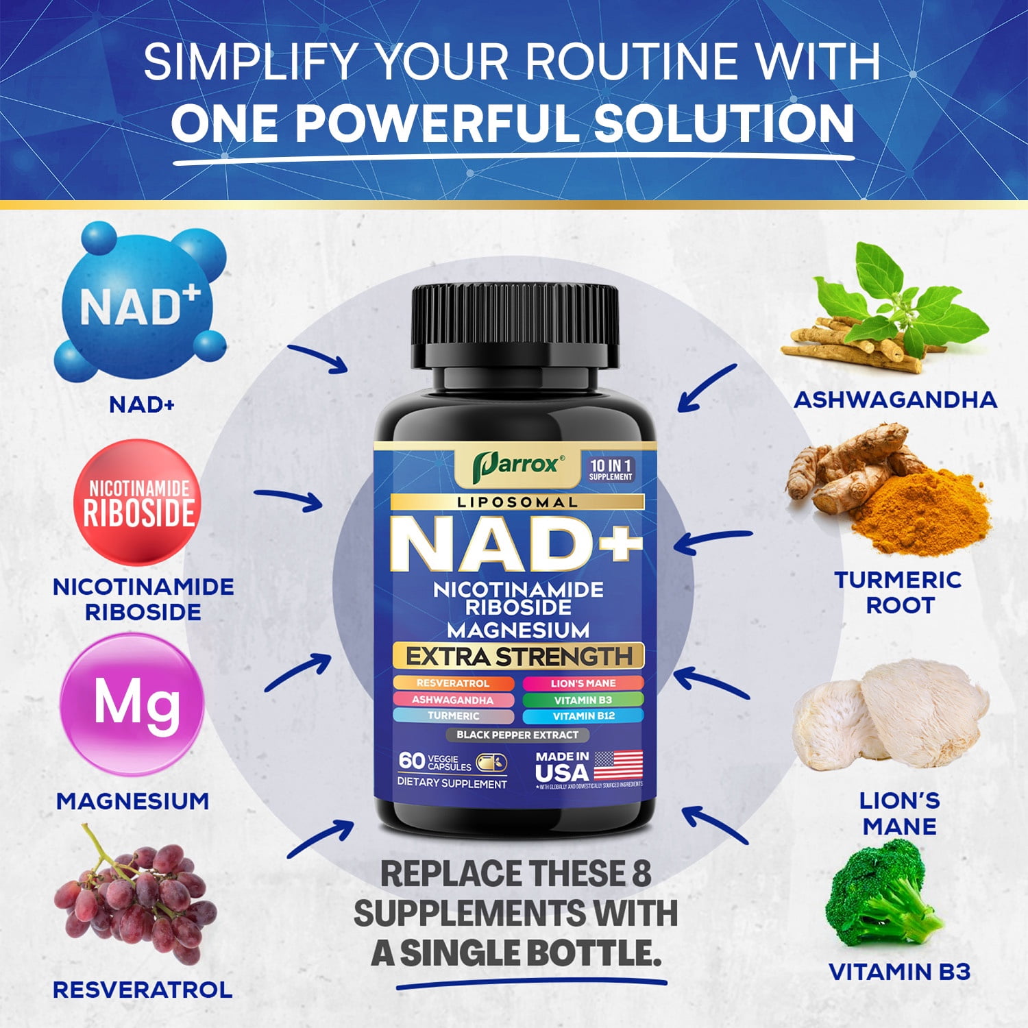 Parrox NAD+ Supplement with Vitamin B3 & B12, Magnesium, Resveratrol, Niacinamide, Turmeric, Ashwagandha, Lion’s Mane, Black Pepper Extract, Liposomal NAD, 10-in-1 Extra Strength (3 Pack)