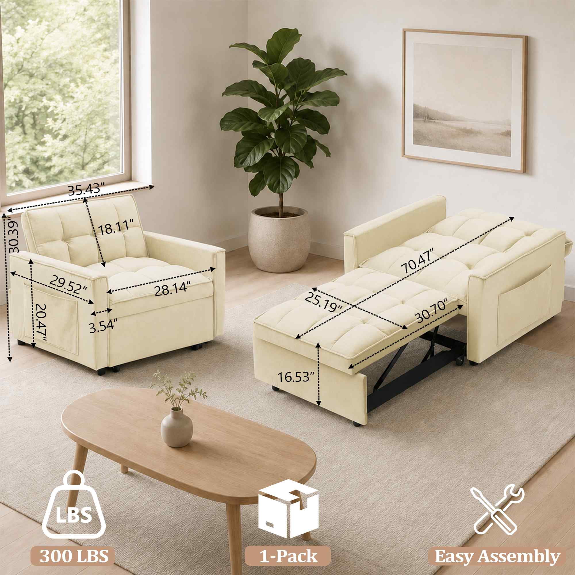 FFH Convertible Sofa Bed Recliner Chair with Adjustable Backrest, Couch for Living Room, Bedroom, Beige