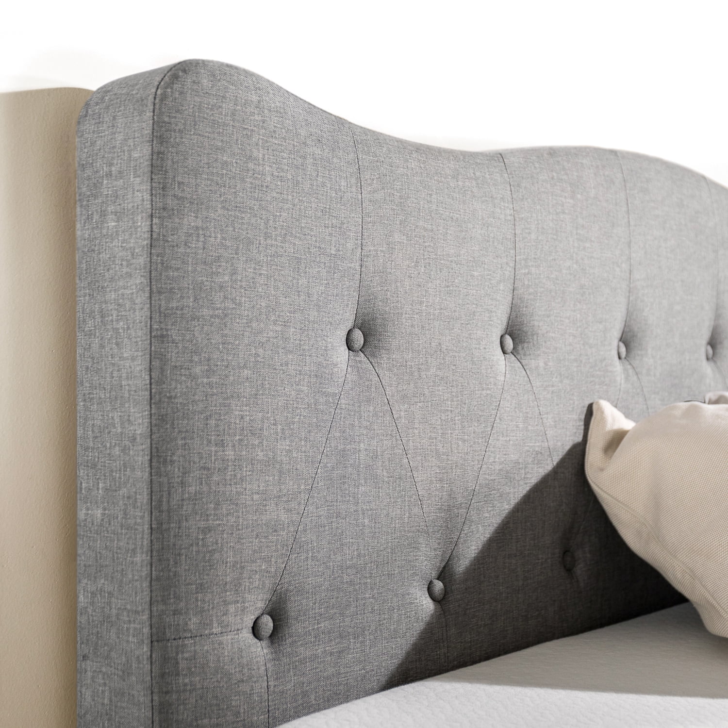 Mellow Janne Upholstered Platform Bed with Tufted Headboard, Classic Grey, Queen