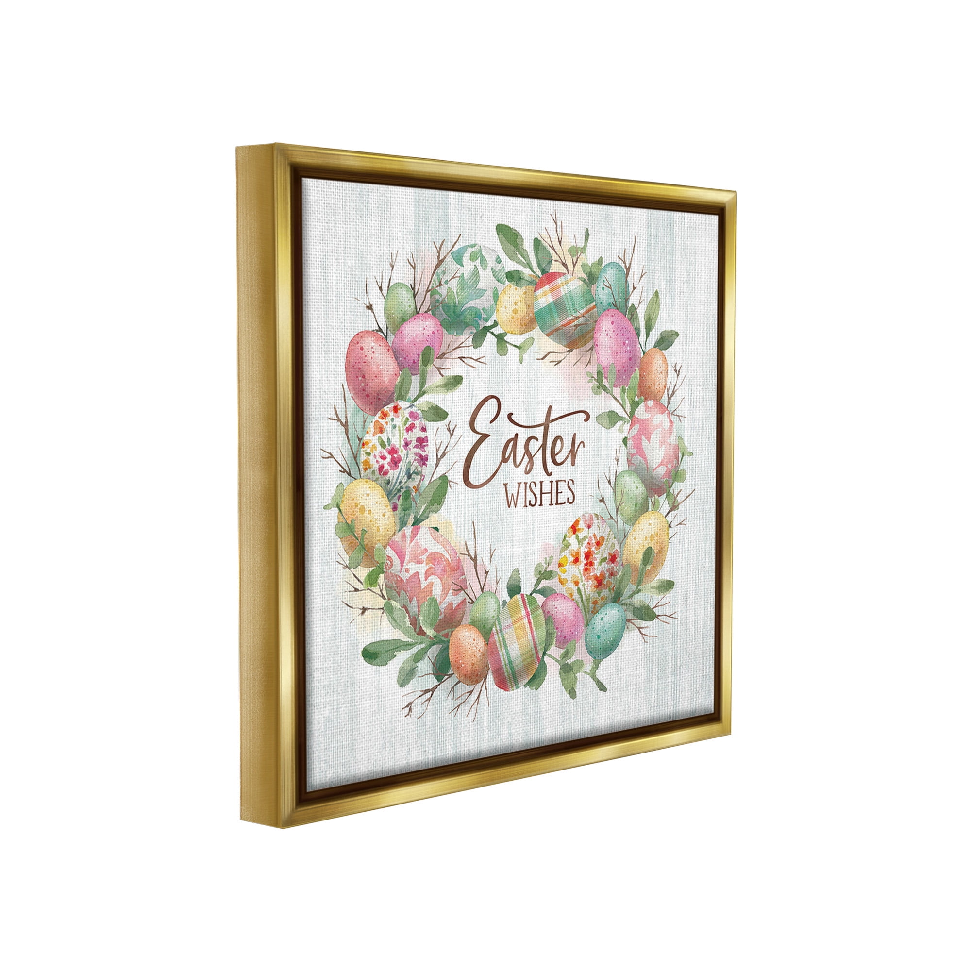 Stupell Industries Easter Wishes Wreath Holiday Painting Gold Floater Framed Canvas Art Print Wall Art, 18 x 18