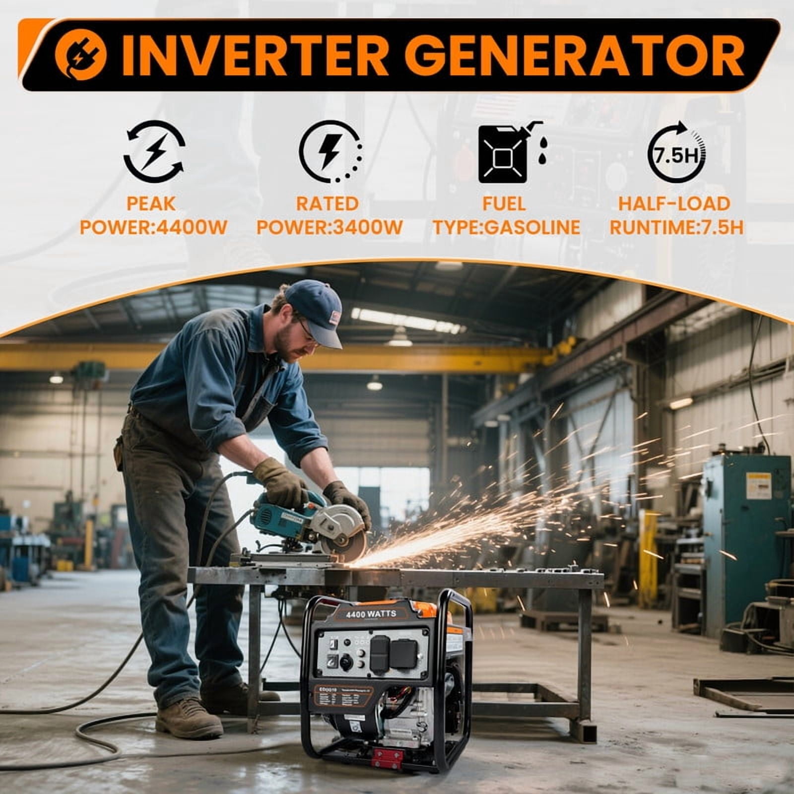 Efurden 4400W Inverter Generator Gas Powered, Portable Gas Generator for Home and Outdoor Use, Leightweight and ECO Mode
