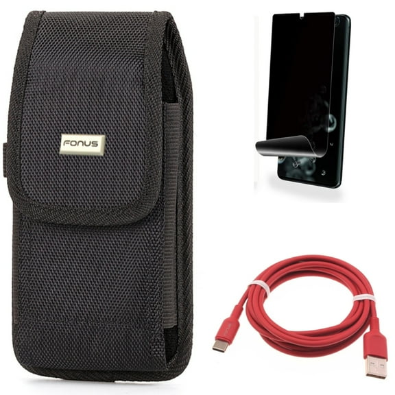 6ft USB-C Cable w Case Belt Clip w Privacy Screen Protector for Samsung Galaxy S20 Ultra - Red Charger Cord Power, Rugged Holster Canvas, TPU Film [NOT GLASS] [Fingerprint fits Galaxy S20 Ultra