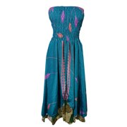 Mogul Womens Vintage Dress Blue Printed Silk Sari 2 Layer 2 in 1 Maxi Skirts