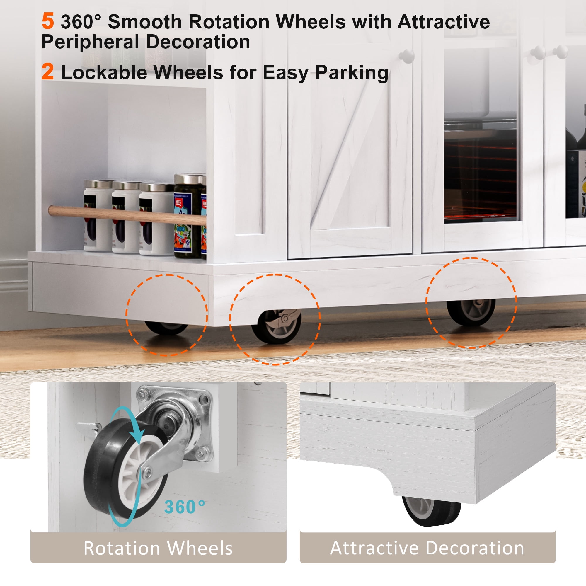 Euroco 53'' Farmhouse Kitchen Island with Two Tempered Glass Cabinet Doors，Rolling Kitchen Cart on Wheels