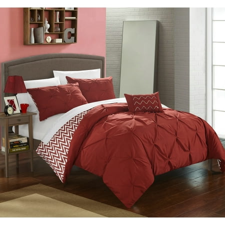 Complete Bed Sets Chic Home 8-Piece Erin Pinch Pleated, REVERSIBLE Chevron Print ruffled and pleated complete Full/Queen Bed In a Bag Comforter Set Brick With sheet set ()