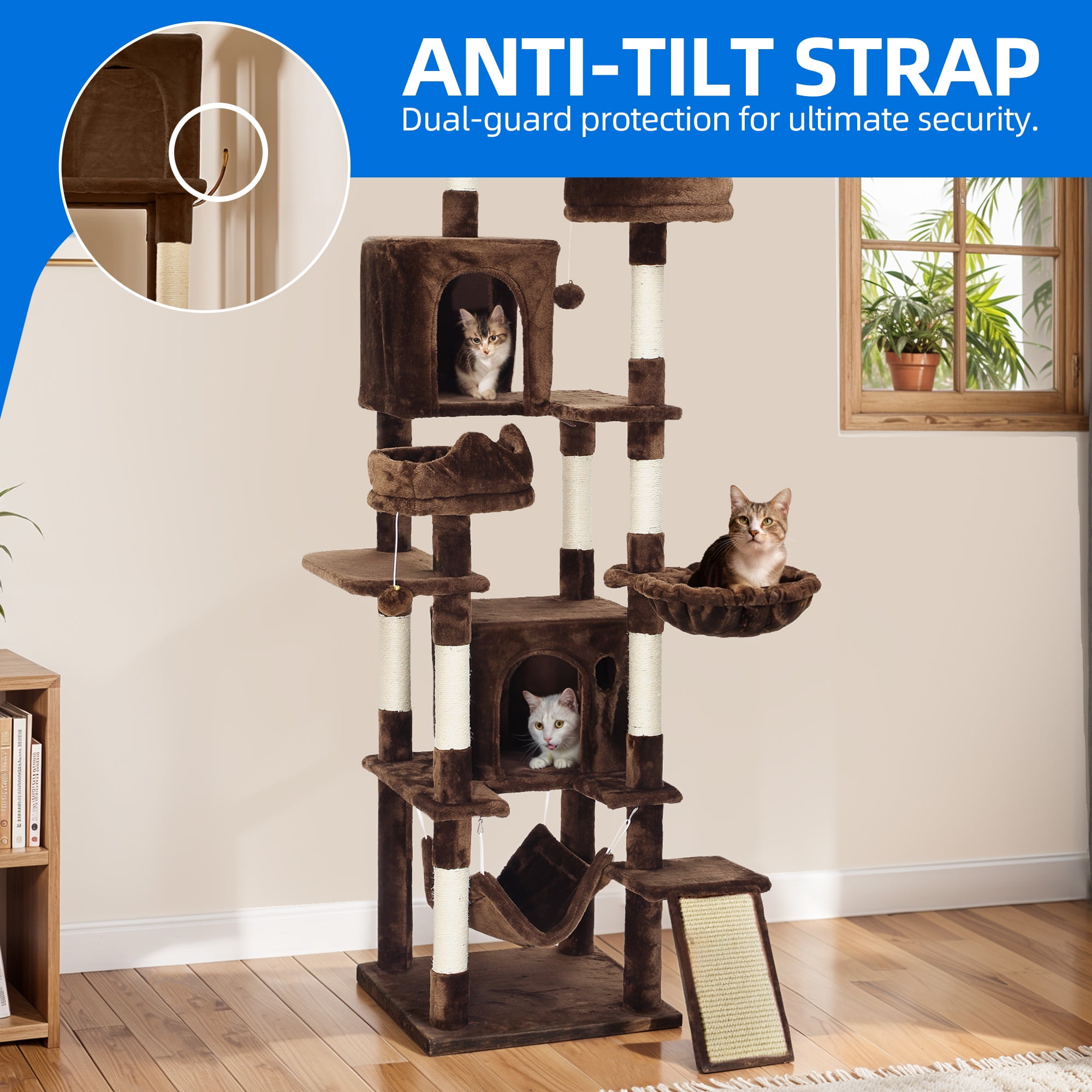 Dextrus 75" Tall Cat Tree for Large Cats, Multi-Level Play Tower Condo with Sisal Ramp Scratching Post & Hammocks, Brown