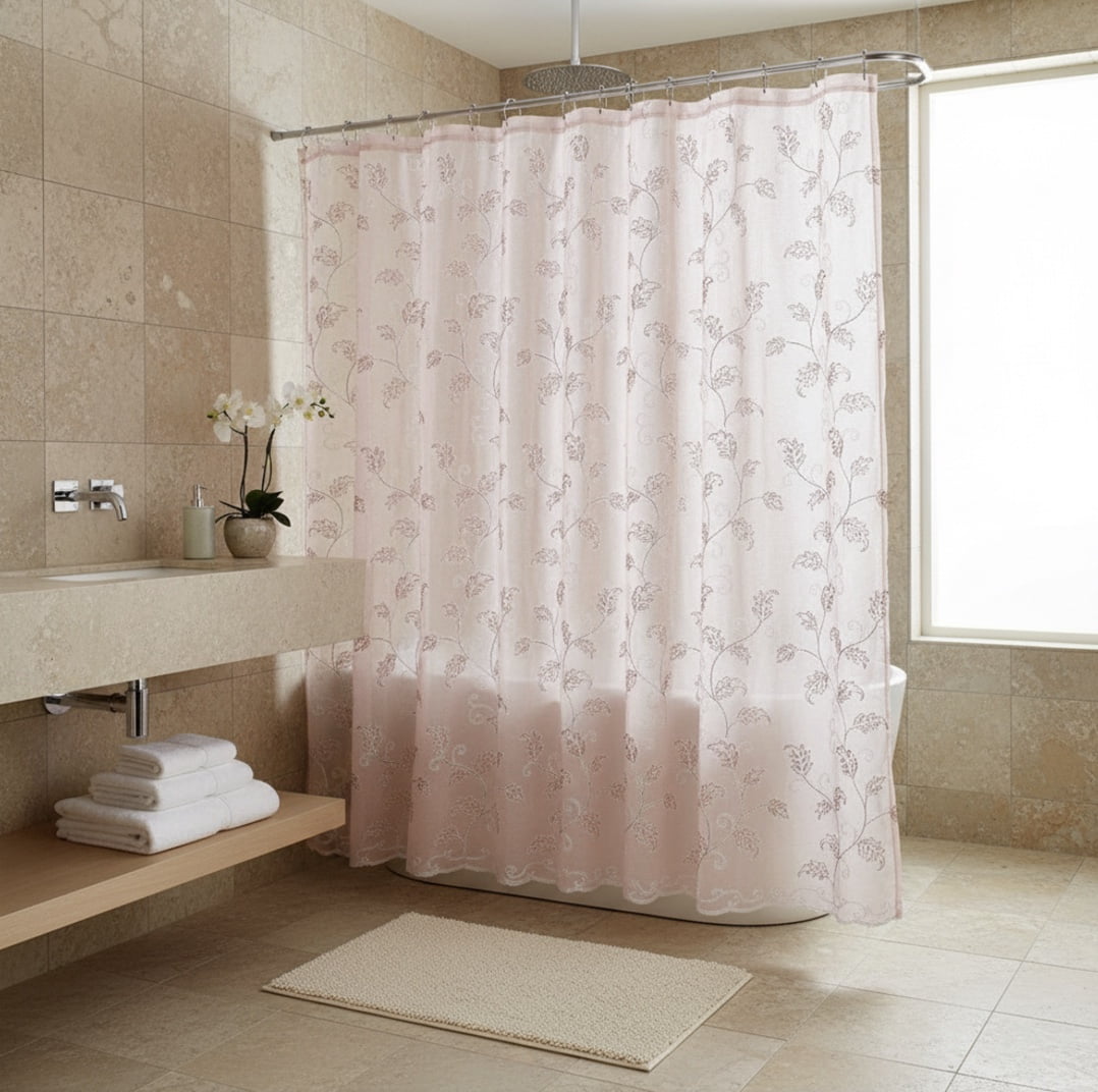 Serafina Home Decorative Sheer Fabric Shower Curtain: Two Toned Dusty Pink and White Embroidered Leaves with Metallic Threading (Blush/White) 70 x 72