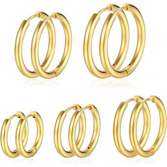 Knubmt 5 Pairs 316L Stainless Steel Hoop Earrings Set 14K Gold Plated Small Hoop Earrings Set for Women Men, Gold