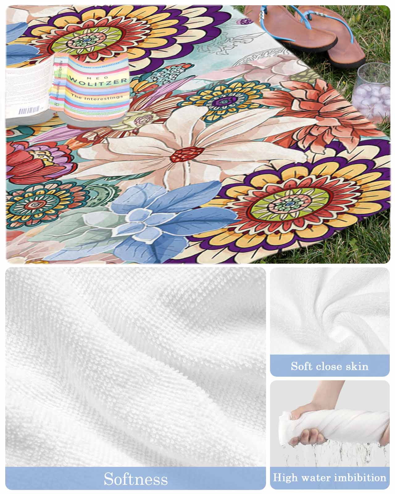 Boho Floral Beach Towels Oversized Super Absorbent, Bohemia Colorful Mandalas Botanical Flower Lightweight Bath Towel Quick Dry Sets For Bathroom/Pool/Rv Camping/Beach Play/Gym Room/Picnic 30"x60"