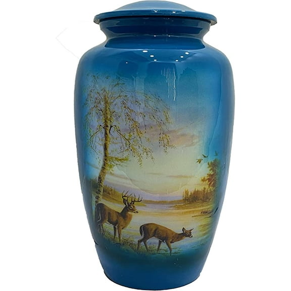 RUZIOON Grazing Deer Cremation Urn, Adult Urns for Ashes - Adult Funeral Urn Handcrafted - Affordable Urn for Ashes (Adult (200 lbs) – 10.5 x 6 “, (Large/Adult Urn) with Nice Velvet Bag