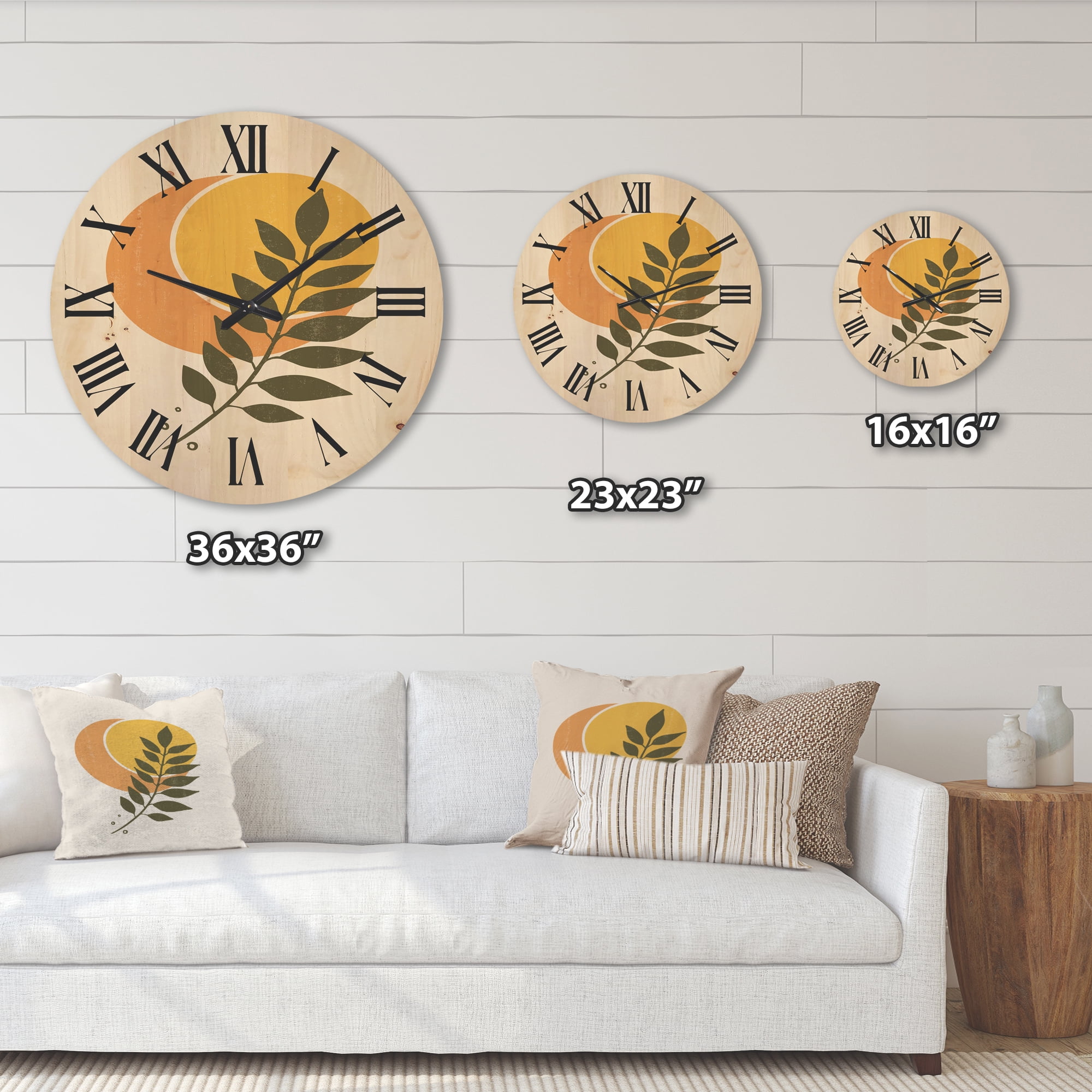 Designart 'Abstract Geometrical Moon and Sun With Leaf V' Modern Wood Wall Clock