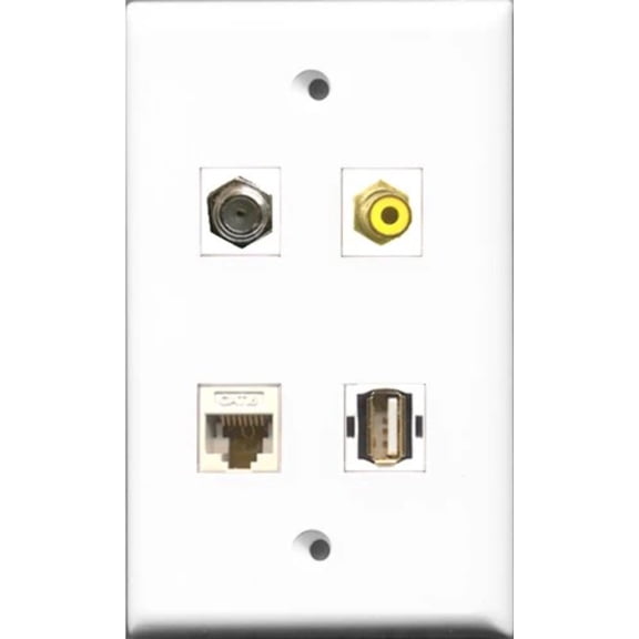 RiteAV 1 Port RCA Yellow and 1 Port Coax Cable TV- F-Type and 1 Port USB A-A and 1 Port Cat6 Ethernet White Wall Plate
