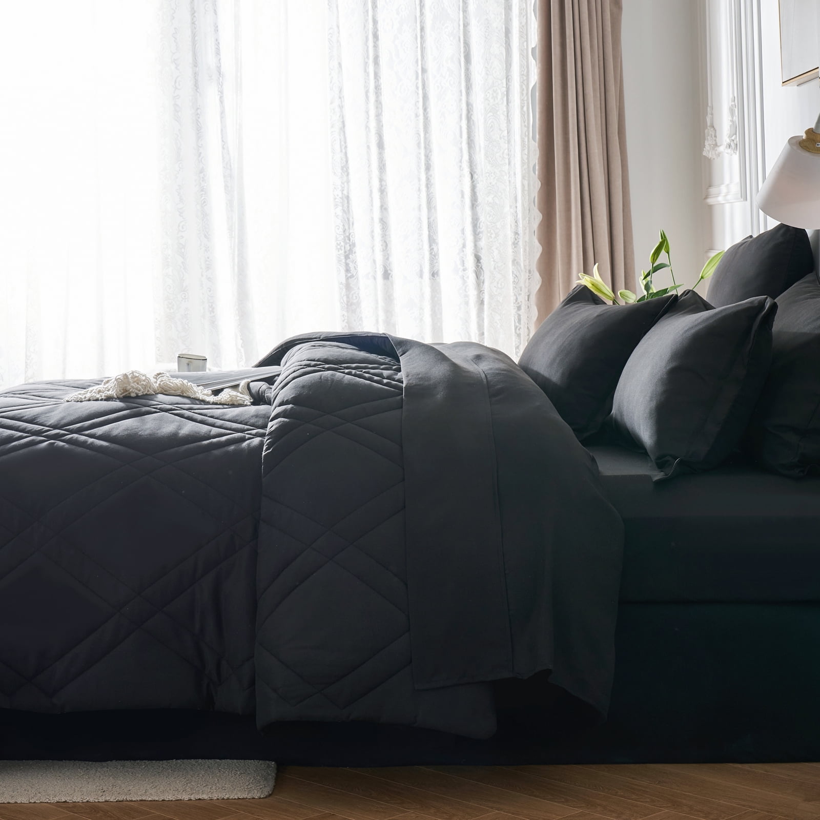 Davulos Comforter Set Twin Size 5 Pieces ,Bed in a Bag All Season Bedding Comforter Sets,Black