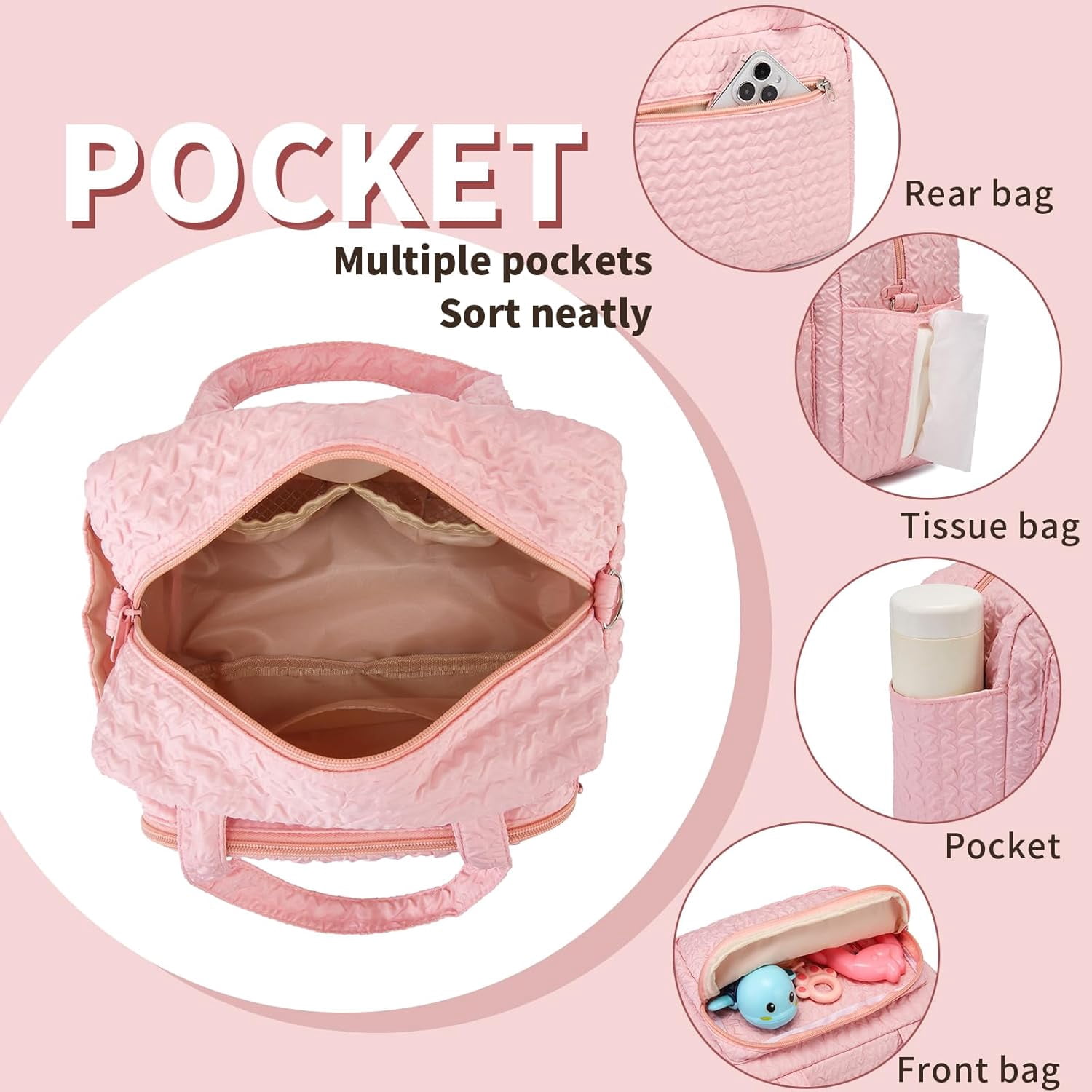 Small Diaper Bag Tote, body Diaper Bag Mini Purse with 8 Pockets, Travel Baby Bag for boys & Girls, 2 Insulated Pockets, Pink