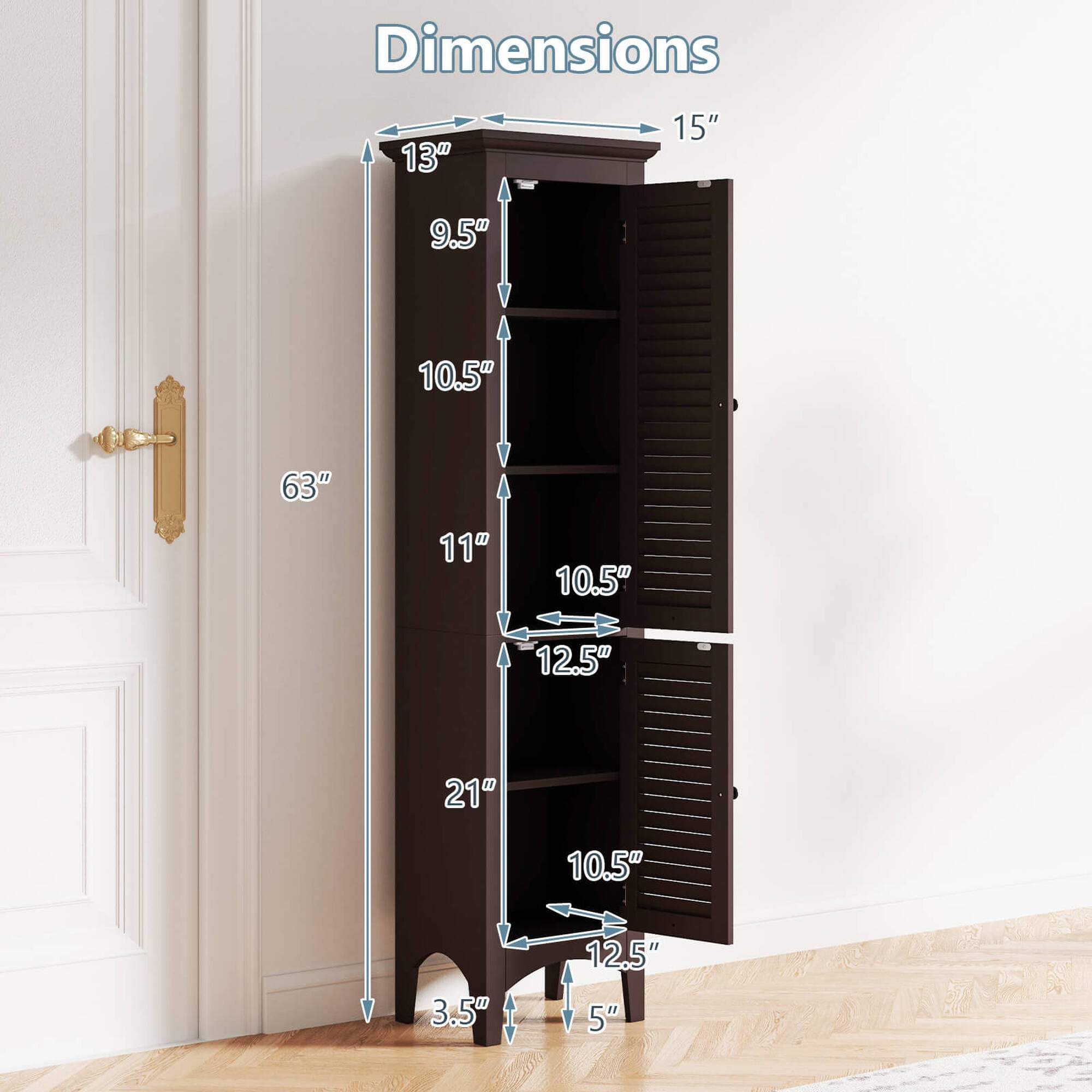 Costway 63" Tall Bathroom Cabinet with 2 Louvered Doors & Adjustable Shelf Elevated Legs Brown