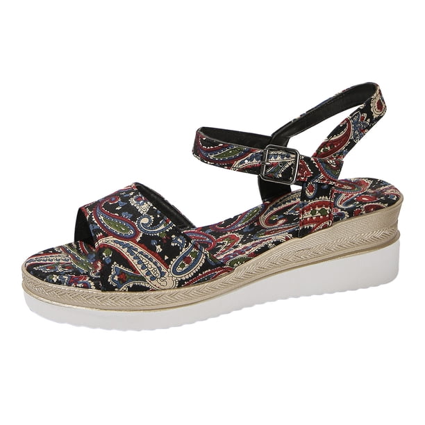 Bmisegm Ladies Summer Retro Printed Ethnic Style Large Size Slope Heel Buckle Sandals Sandals Women Summer Black 6.5