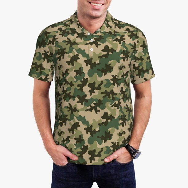 Fotbe Camouflag Camiseta Polo de Golf para Hombre con Estampado – Camisa Deportiva Transpirable con Cuello Abotonado-Small