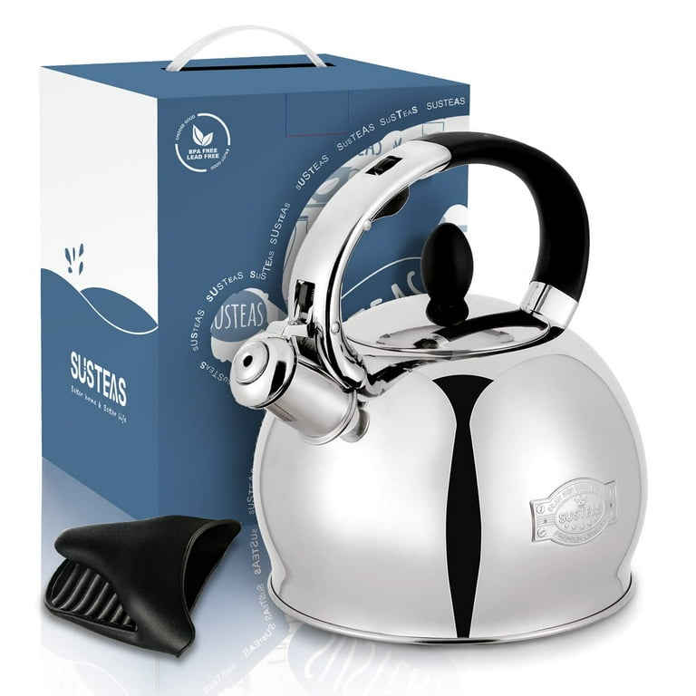 SUSTEAS Tea Kettle for Stove Top, Whistling Teapot with Cool Toch Ergonomic  Handle, 2.64 Quart Retro Stainless Steel Kettle, Silver