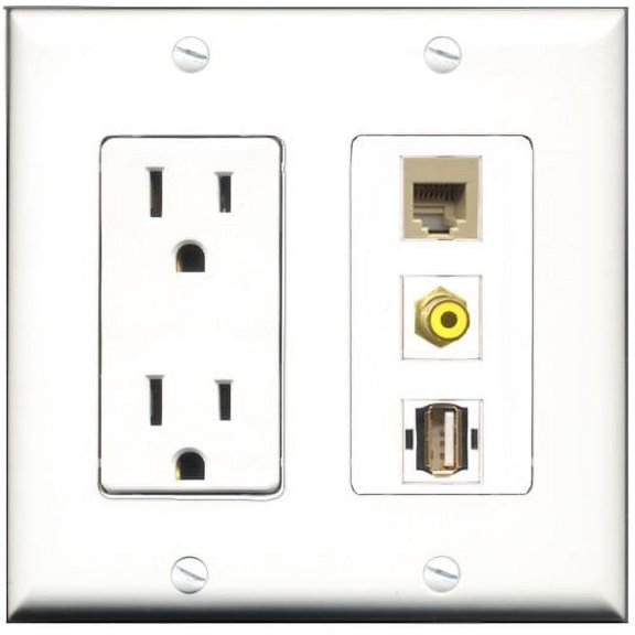 RiteAV - 15 Amp Power Outlet 1 Port RCA Yellow 1 Port USB A-A 1 Port Phone Beige Decorative Wall Plate