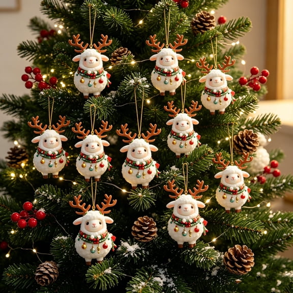 10 Pcs Sheep Christmas Ornaments, Cute Lamb Hanging Tree Decor, Holiday Animal Keepsake Gift