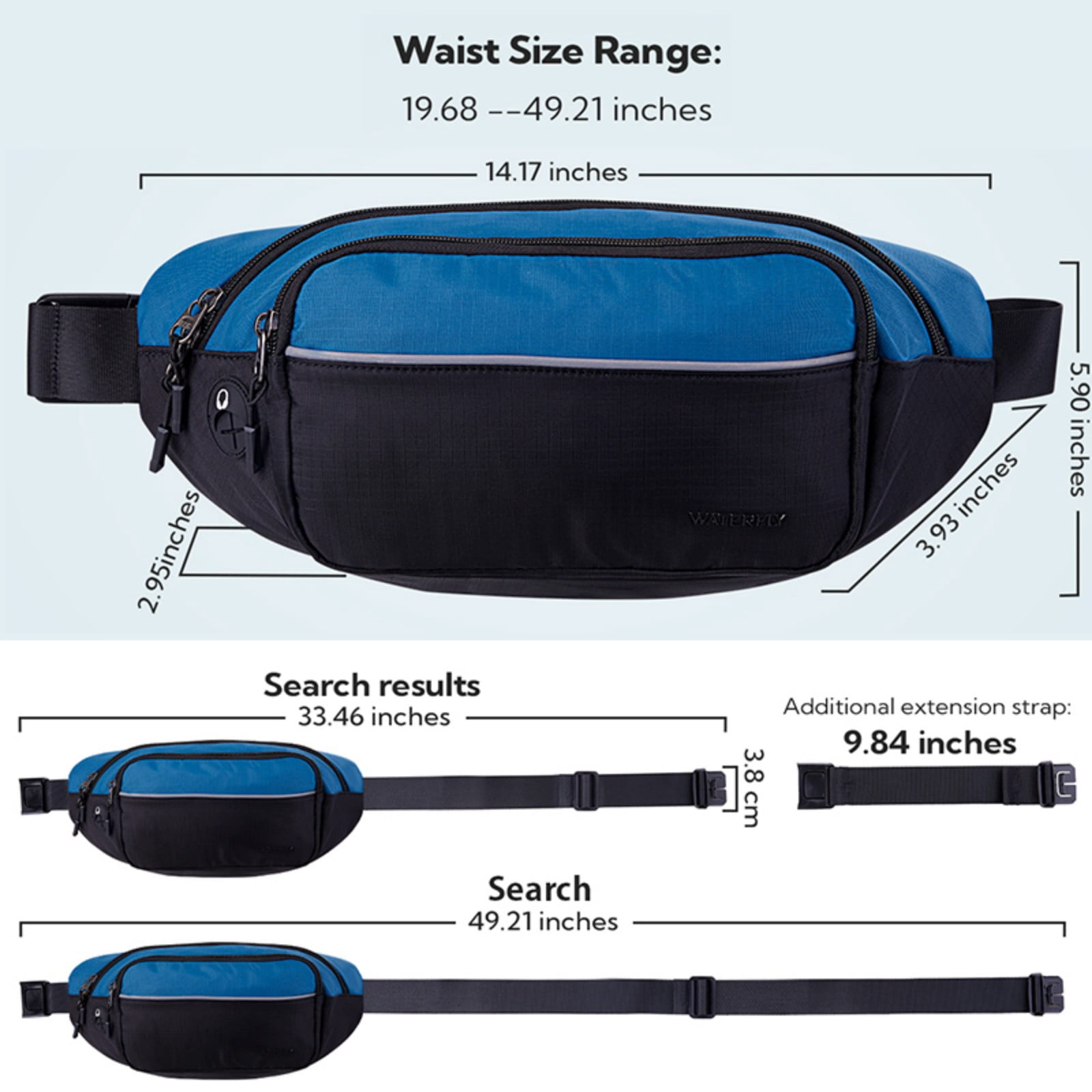 WATERFLY Unisex Hiking Walking Travel Nylon Fanny Pack Waist Bag,Black with Sky Blue