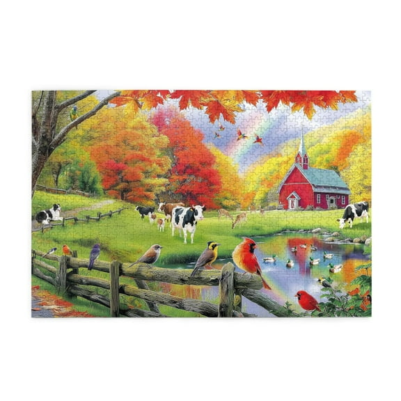 500 Piece Vibrant Autumn Countryside Jigsaw Puzzle For Adults – Challenging & Relaxing Farm Scene With Red Chapel & Animals, Scenic Fall Art, Ideal Gift