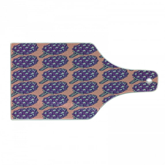 Artichoke Cutting Board, Violet Roman Artichokes on Coral Backdrop Organic Cooking Theme Grocery, Tempered Glass Cutting and Serving Board, Wine Bottle Shape, Coral and Violet, by Ambesonne