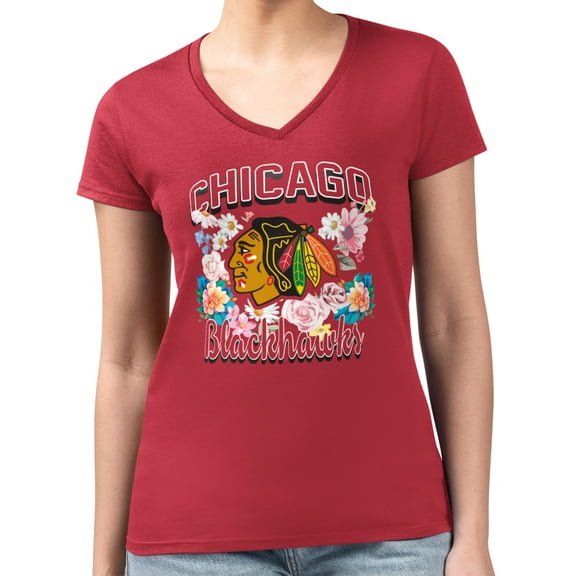 Women's G-III 4Her by Carl Banks Red Chicago Blackhawks Super-Slim Fit Lightweight Flower Logo V-Neck T-Shirt