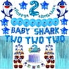Baby Shark 2nd Birthday Decorations Boy - Blue Baby Shark TWO TWO TWO Foil Balloons 2 DOO DOO Cake Topper Happy Birthday TWO Banner Shark Balloons Cupcake Toppers Curtains- Boy 2nd Bday