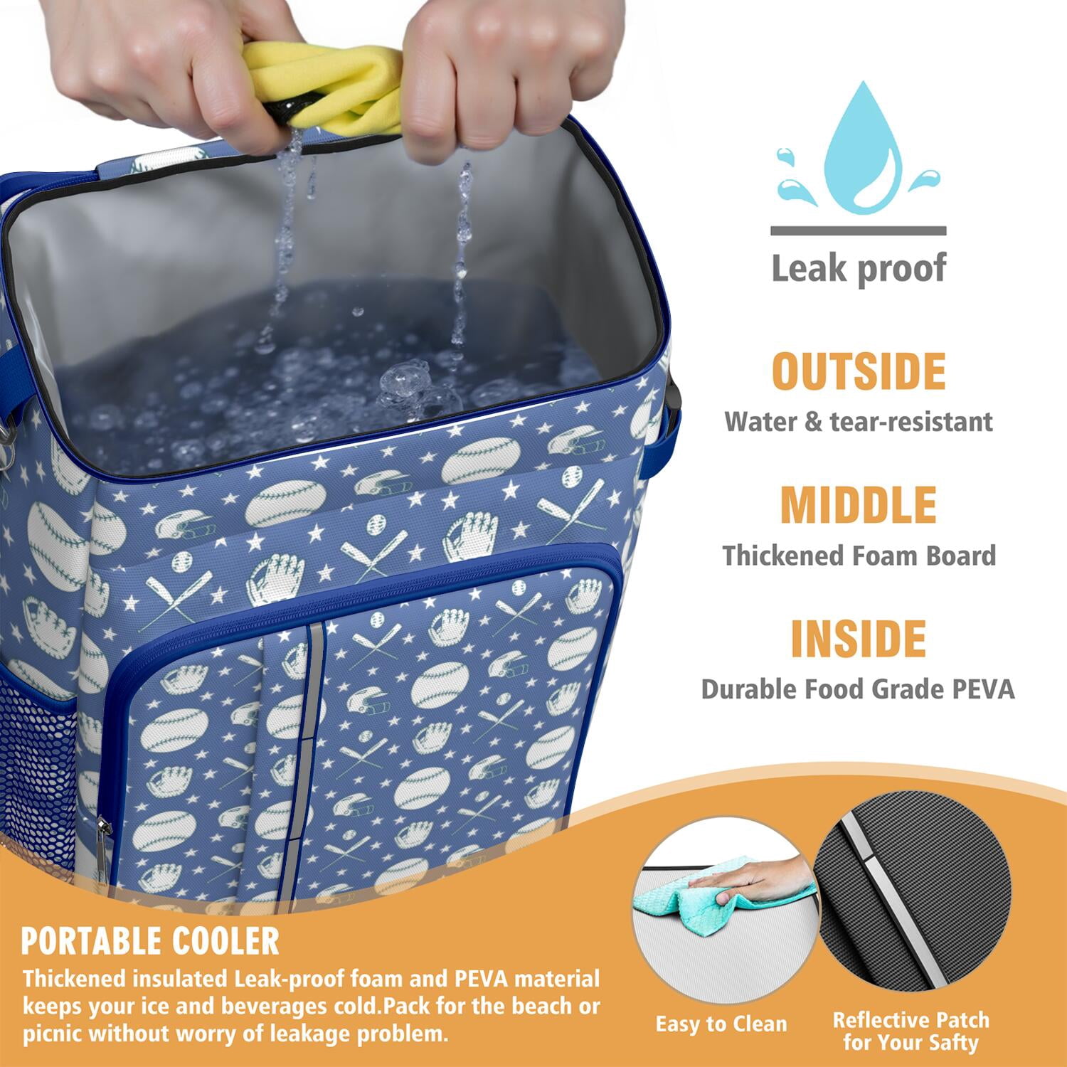Travel Cooler Bag - Baseball Stars Pattern Camping Beer Cooler Backpack with Bottle Opener- Waterproof Insulated Picnic Backpacks - Cooler Bag for Beach