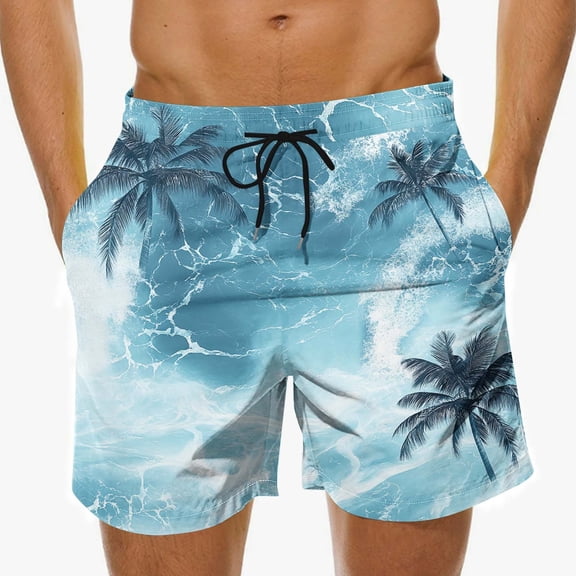 hlysgo Mens Beach Shorts no Liner Trendy Summer Graphic Print Swim Trunk 9 Inch Casual Vacation Swimwear Bathing Suit Short Swim Trunks Blue XXXL