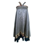 Mogul Indian Silk Sari Wrap Around Skirt Two Layer Reversible Blue Printed Boho Chic Gypsy Hippy Sarong Dress