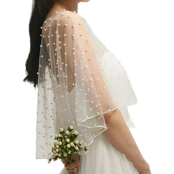 ROZYARD Elegant Pearls Embellished Tulle Shawl for Bridesmaids and Wedding Guests