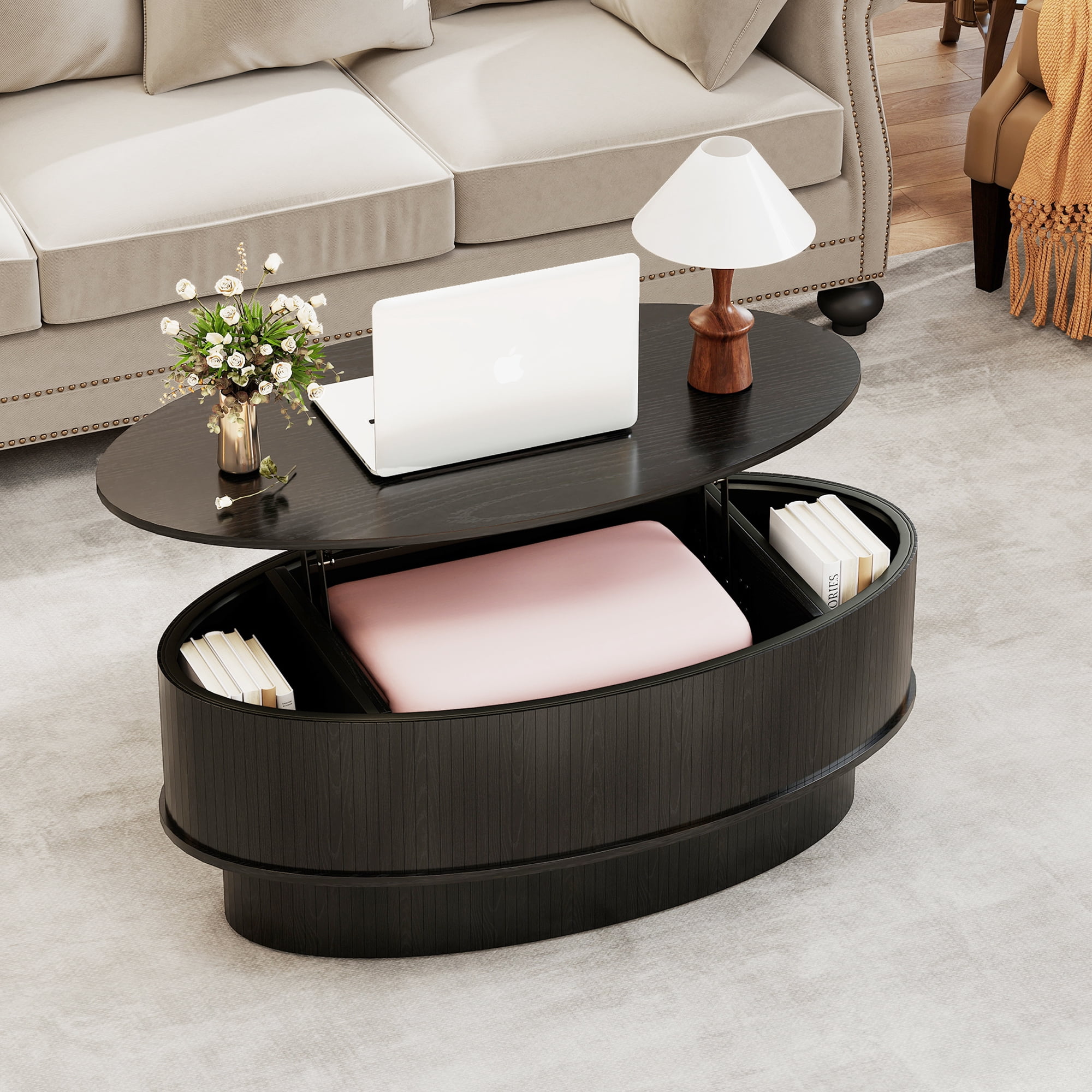 Lift Top Coffee Table with Storage, Mid Century Modern Coffee Table for Living Room, Oval Center Table for Small Space, Black
