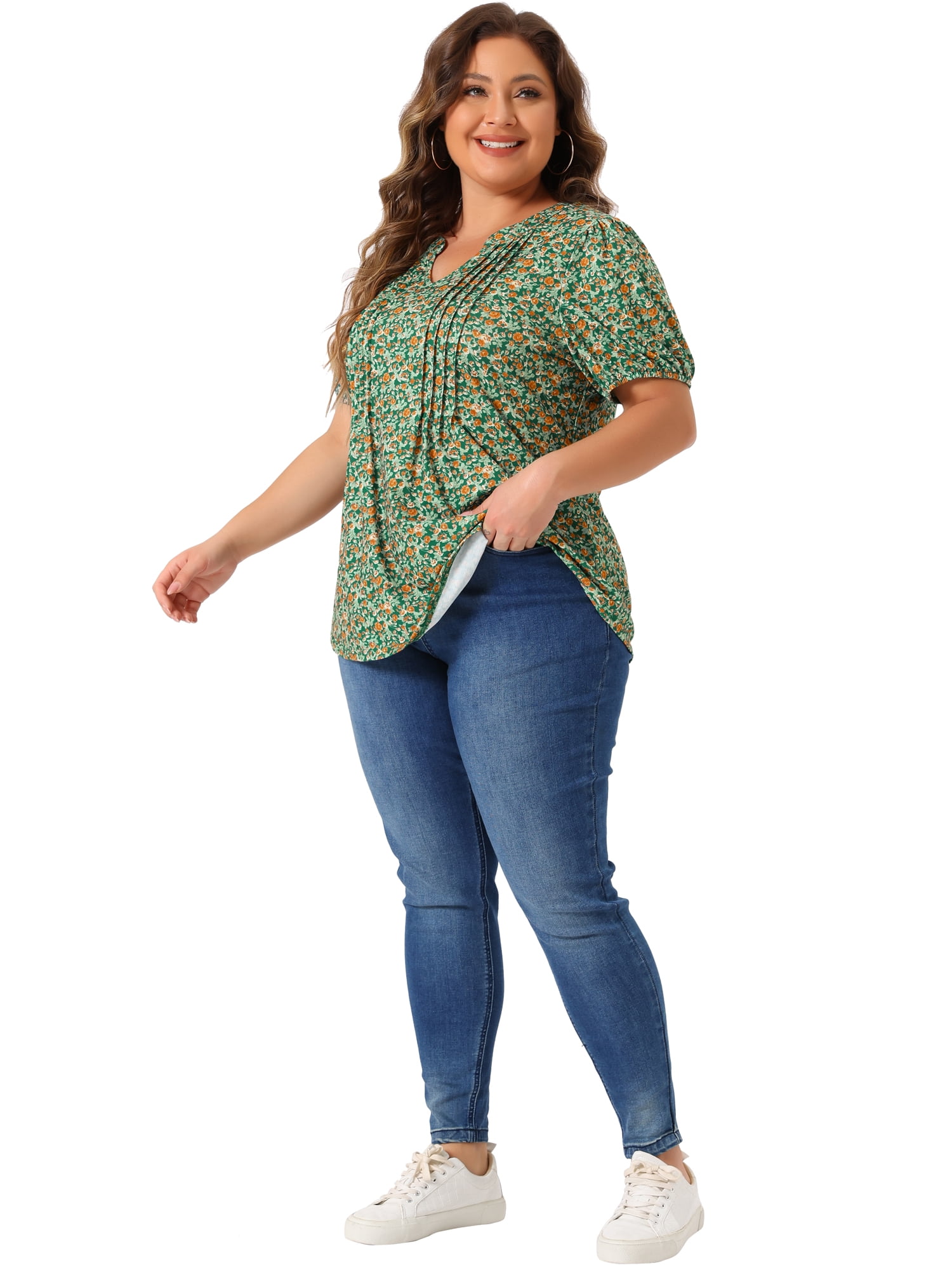 Women's Plus Short Sleeve Pleated T-Shirts Notched V Neck Floral Tops 4X Green