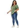 thumbnail image 3 of DARING DIVA Women's Plus Pleated T-Shirts Notched V Neck Floral Tops 1X Green, 3 of 6