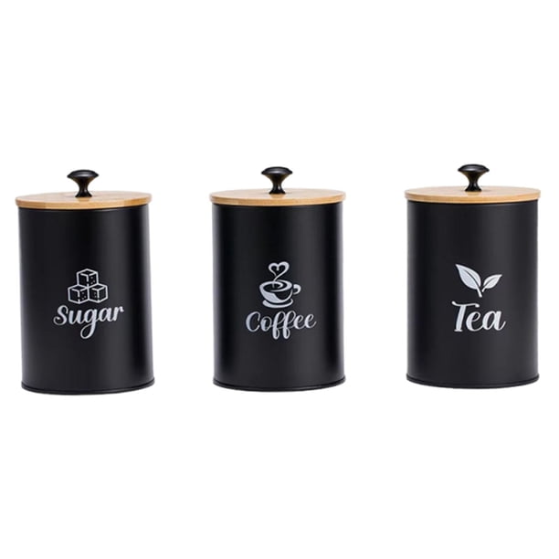 3 tarros metálicos duraderos para almacenar café, azúcar y té con tapas de bambú. Negro