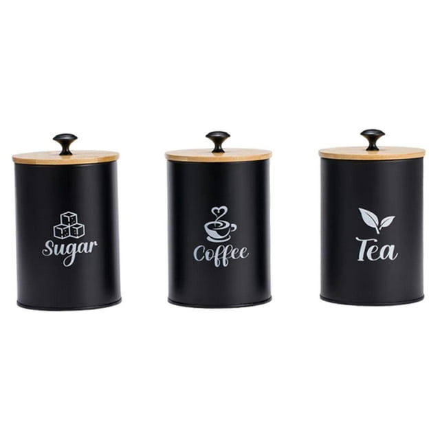 3 tarros de almacenamiento para café, azúcar y té, organizador prémium, decoración de cocina, multifunción Negro